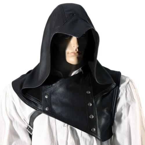 Men Medieval Costume Cosplay Renaissance Hood Leatherwear Mantle Hat Adjustable