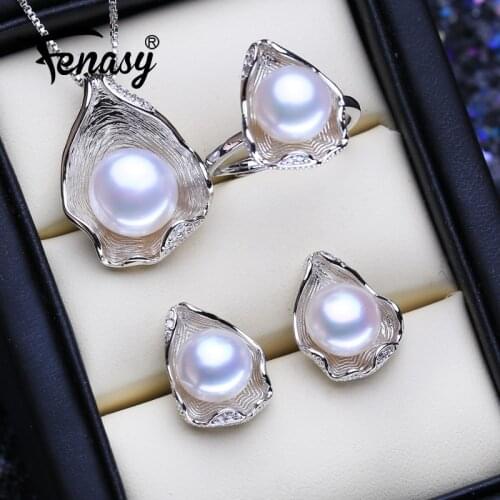 FENASY 925 Sterling Silver Jewelry Sets Trendy Natural Pearl Pendant Necklaces For Women Shell Shape Stud Earrings Fashion Rings