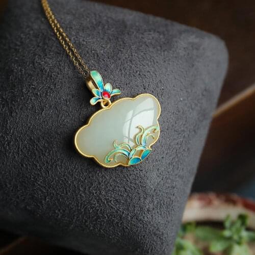 Original design plant epoxy enamel porcelain craft pendant necklace Chinese style retro charm womens silver jewelry