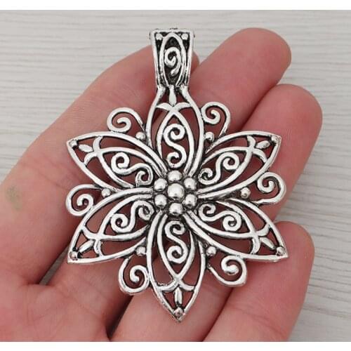 3 x Large Filigree Flower Charms Pendants for Necklaces Jewelry Making Findings 67x48mm
