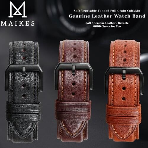 MAIKES Premium Genuine Leather Watchbands 18mm 20mm 22mm 24mm Black Brown Women Men Cowhide Watch Band Strap Belt Quick Release