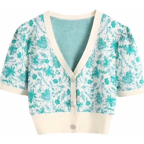 Nice Sweet Women V Neck Knitted Jacket New Spring-autumn Vogue Ladies England Style Coat Female Printed Knitwear Top