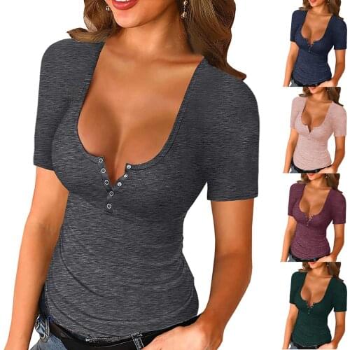 2021 Summer Women T shirt Base Clothing Sexy Low Cut Button Down Tight Slim Fitted Tee Tops T Shirts Fashion Sold Color футболка