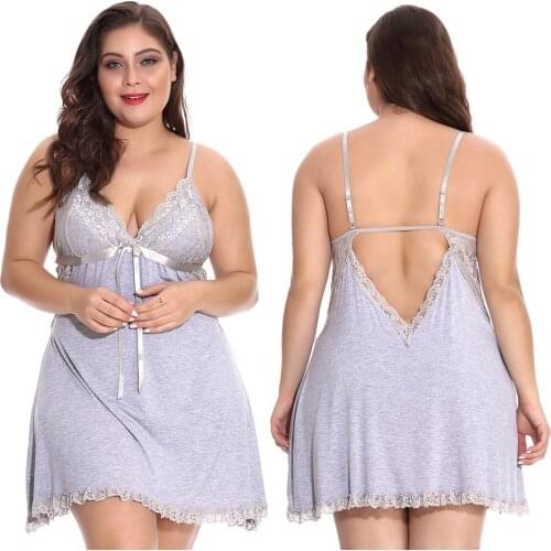 4XL Plus Size Modal Cotton Womens Nightgown Sexy Backless Sleepwear Dress V-neck Lace Spaghetti Strap Night Dress Sexy Nightie