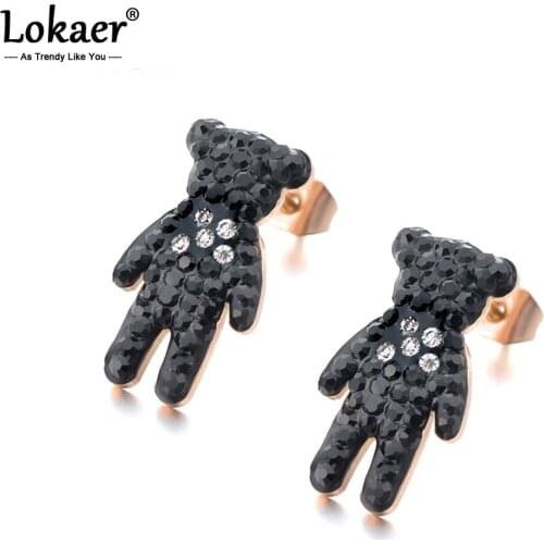 Lokaer Classic Titanium Steel Black Crystal Bear Earrings Rose Gold Color Rhinestone Stud Earrings For Women Brincos E18007