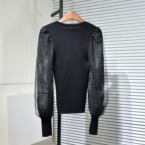 Lace Mesh Puff Sleeve Good Quanlity Women Sweater Pullover Knitted Top Autumn Winter Black White Princess Pull Femme Jersey Muje