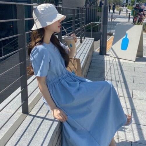 2020 Women Summer Sweet Blue Cotton Long Loose Dress Short Sleeve Drawstring-folds A-line Midi Dresses