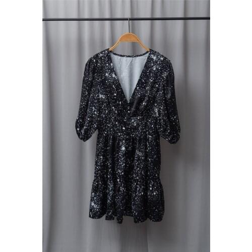 Women Puff Sleeve Mini Dress Black and white Splash Ink V-neck High Waist 2021 Summer Single Breasted Robe