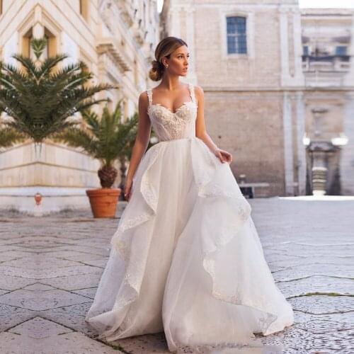 Sweetheart A Line Wedding Dresses Applique Lace Tulle Bridal Gown Wedding Gowns Backless Vestido de Noiva 2021 Floor Length