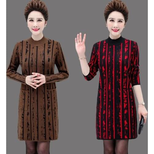 Printed Knitted Sweater Dress 2021 Autumn Winter New Fashion O-Neck Long Sleeve Knee-Length Women Clothing High Quality Y542