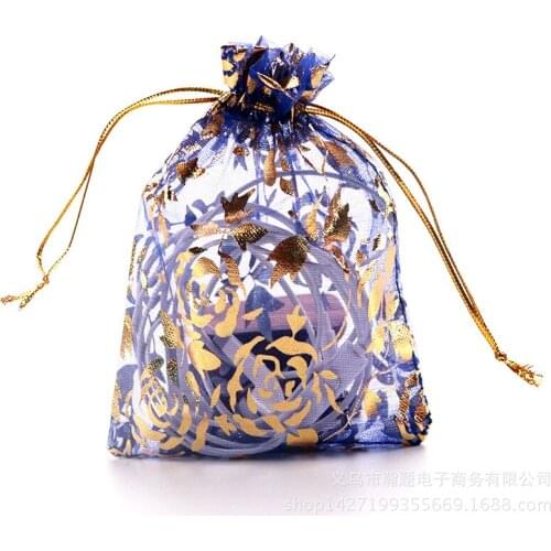 100 pcs/lot (9x12cm) Pretty Gold Rose Organza Gift bag Drawstring bags Earrings Brooch jewelry Wedding gift package pouches