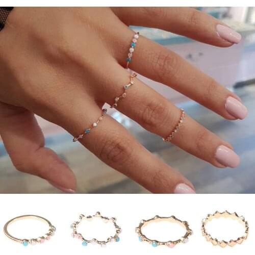 4 Pcs/Set Retro Boho Ethnic Rhinestone Slim Rings For Women Minimalist Gold Color Female Fine Ring Wedding Party Jewelry