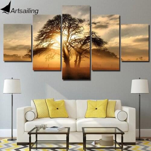 5 piece canvas painting tree sunset light clouds HD posters and prints canvas painting for living room free shipping XA2206B