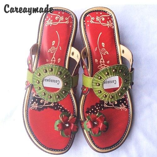 CareaymadeReal Leather Flip Flops comfortable folk style hand-painted Candy colors flowersthe retro art mori girl shoes slippers