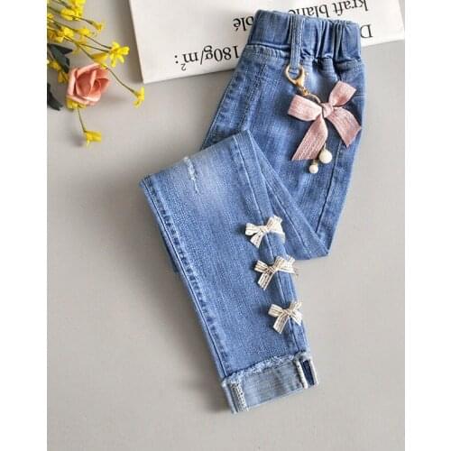 4-12year Childrens Clothes Girls Bow Jeans Casual Slim Thin Denim Baby Girl Jeans For Girls Big Kids Jeans Long Trousers Chain