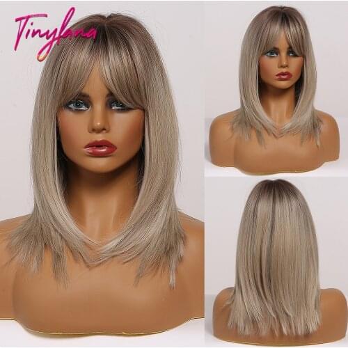 TINY LANA Straight Bobo Hair Medium-length With Bangs Mixed Golden&Brown Natural Style For Women Synthetic Wigs Heat Resistant