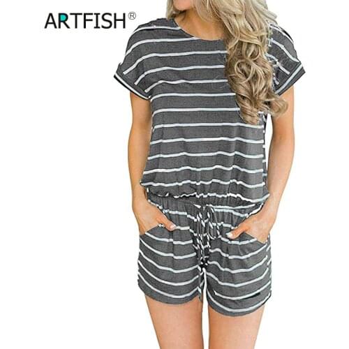 Summer Womens Striped Jumpsuit Shorts Casual Loose Short Sleeve O-neck Playsuits Female Rompers Pockets Overalls Plus Size K005