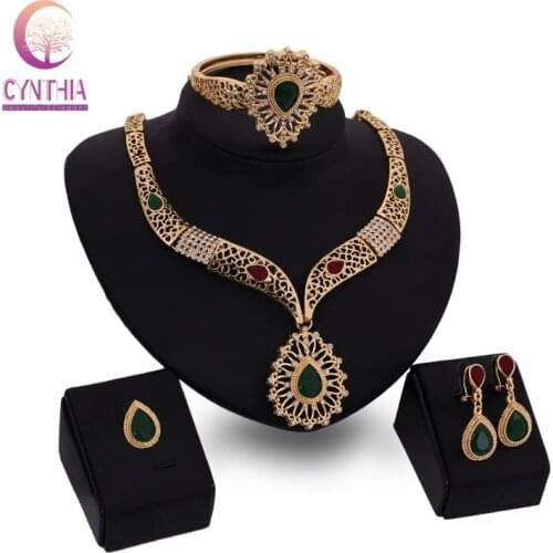 Fashion Classic Gold Color Green Crystal Necklace Earrings Bangle Ring Bridal Wedding Dress Accessories Jewelry Sets