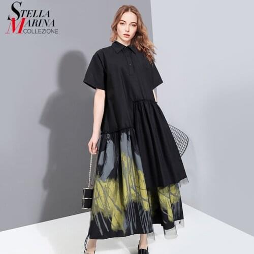 New 2021 Painted Style Women Summer Designer Vintage Black Long Shirt Dress Retro Print Mesh Overlay Lady Casual Dress Robe 6138
