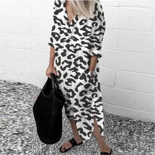 Female Lapel Printing Long Sleeve Spring Dress Cotton Split Dresses Elegant Work Office Vestidos Female Tunic Robe Plus Size 5XL