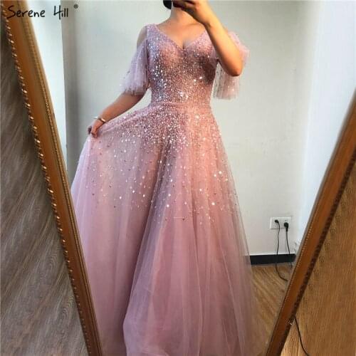 Pink Short Sleeves Sparkle Beading Sequined Formal Dresses Design 2020 Sexy A-Line Evening Gowns Real Photo BLA70075