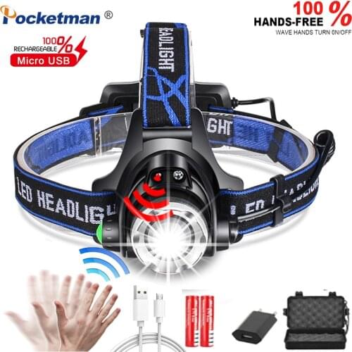 50000LM LED Headlamp Body Motion Sensor T6/L2/V6 Zoomable Led Head lamp Flashlight Torch Headlight Lanterna light for Camping