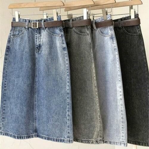 Richkeda Store New 2021 High Waist Vintage Split Denim Midi Skirts Women Casual With Sashes Black Skirts Spring Summer Harajuk