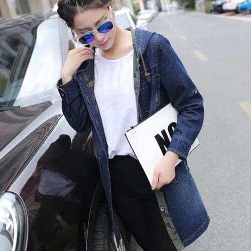 Female Slim Fit Coats Windbreak 2021 Vintage New Korean Bf Style Denim Hooded Womens Jackets Long Sleeve Jean Casual Camouflage