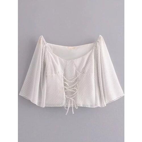 Womens Sexy Short Shirt Wear Summer Chiffon Wave Point Loose Short Sleeve Ladies Top Female Round Collar Casual Blouses H9188