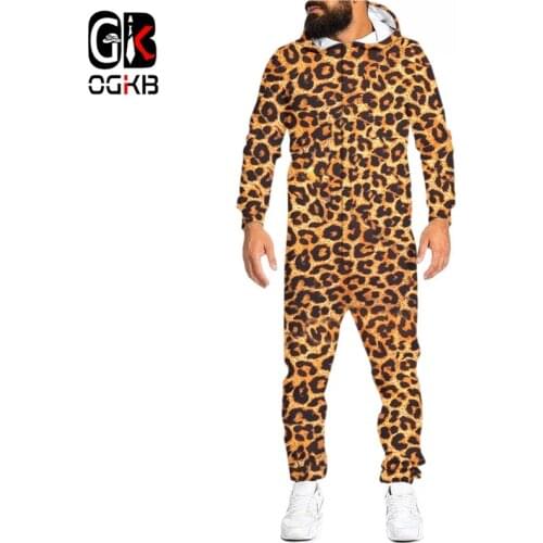 OGKB Women 3D Leopard Printed Loungewear Pajamas Unisex Loose Hooded Zipper Open Sleepwear Onesies For Adult Jumpsuits Wholesale