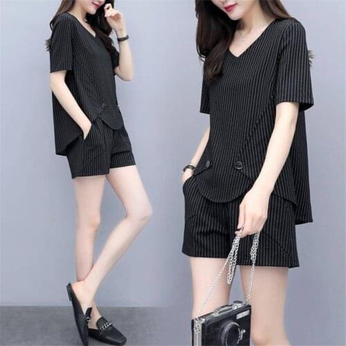 Striped Casual Two Piece Se Crop Top Shorts Female Tracksuit Pink Letter Print 2pcs Outfits Matching Sets S-3XL