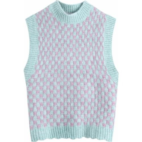 Evfer Women Spring Fashion Za Pink Plaid Knitted Pullover Vest Female Casual Half High Collar Sleeveless Sweaters Jumpers Chic
