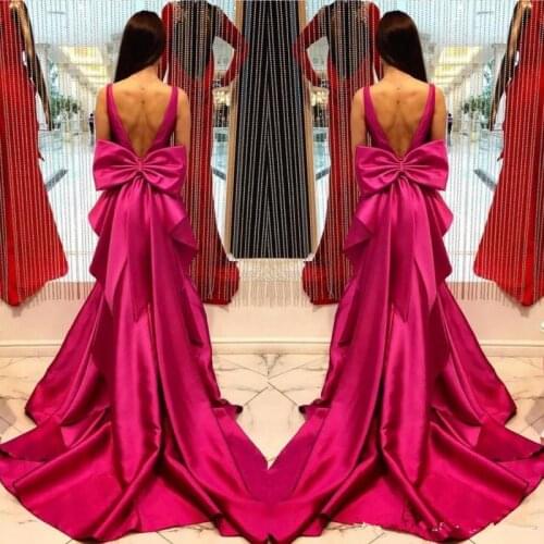 Fushia Backless satin Evening Dresses 2019 Deep V Neck Sleeveless Mermaid Prom gown Big Bow Floor Length Formal evening dress