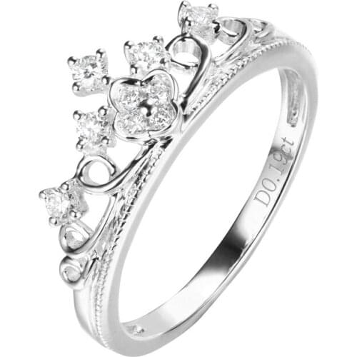 EDI Lucky Crown Ring Au585 14k Solid White Gold Real Natural 0.19ctw Carat Diamond Wedding Ring For Women Office Tail Ring Gift