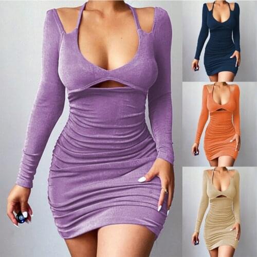 Harajuku 2021 Women Fall Fashion Bodycon Folds Pure Color Halter Backless Long Sleeves Mini Dress Female Clothing Streetwear Y2K