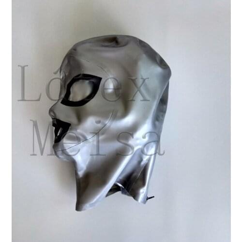 100% handmade gray silver latex catsuit hood open eyes and mouth with black trim decorations