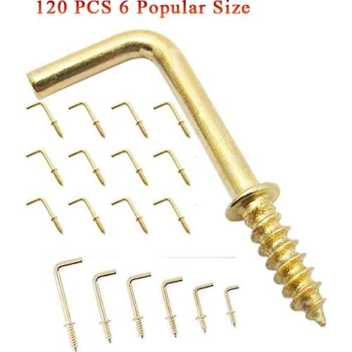 120 PCS 6 Size Brass Plated Square Hooks Lag Thread Handy Hanging Hooks Assortment Set