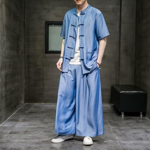 2021 Summer Thin Ice Silk Tai Chi Suit Short Sleeve Kung Fu Uniform Chinese Traditional Dress Plus Size Hanfu Men Clothing