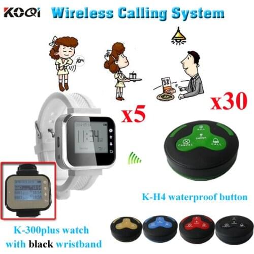 Wireless Waiter Call System With Watch And Waterproof Button For Restaurant ( 5 watch receiver + 30 waterproof table bell)
