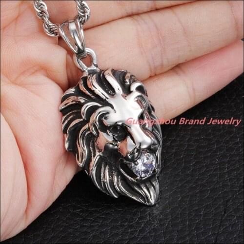 Hot Fashion Jewelry 316L Stainless Steel Vintage Mens Jewelry Lion Pendant Necklace 40mm*26mm White CZ Stone Rope Chain
