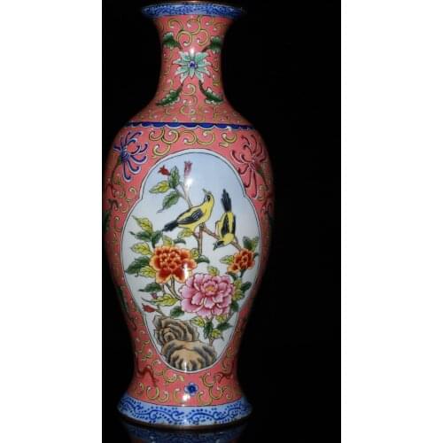 Chinese antique vase Old handmade copper Enamel 2 Birds ornaments Home decoration,Bottom With Qianlong Mark