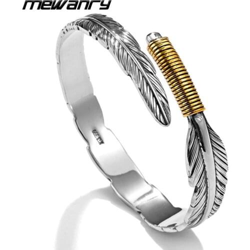 Mewanry 925 Sterling Silver Bracelet New Trend Punk Vintage Couples Creative Feather Leaves Adjustable Jewelry Gifts Wholesale