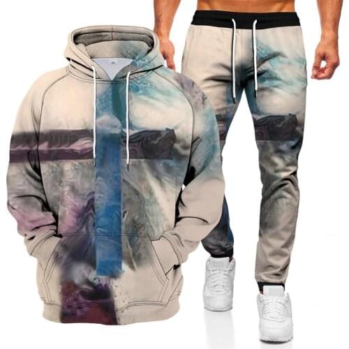 2021 new cool man cross hooded sweatshirt trousers two-piece digital printing 3D pattern hoodie pullover sportswear suit
