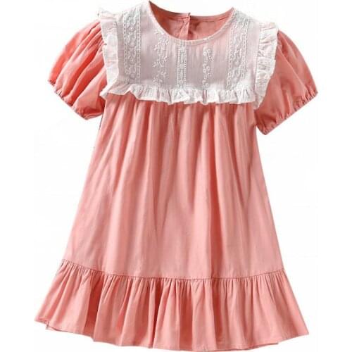 Baby Girls Clothing Summer Cotton Girls Solid Color Patchwork Lace Short-Sleeved Dress For 2-6 Years Kids Princess Dress