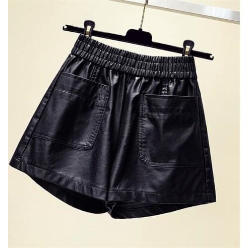 Autumn Women Black Mini Leather Shorts Women Casual Elastic High Waist Plus Size Winter Fashion Lady Pu Leather Loose Buttoms
