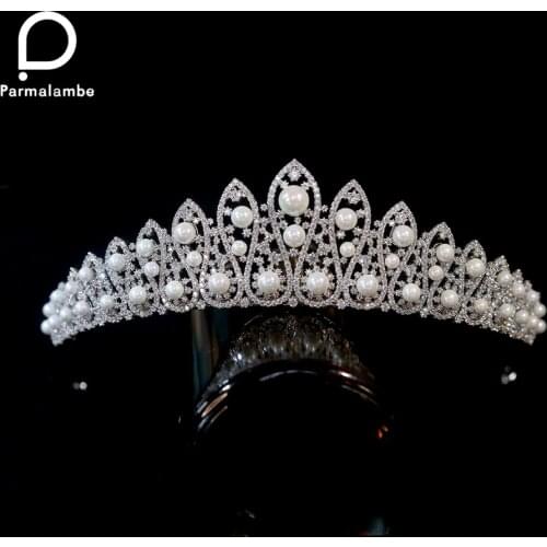 Parmalanbe Luxury Bridal Pearl Crown Headdress Zirconia Pageant Crown Crystal Headband Wedding Hair Accessories Tiaras