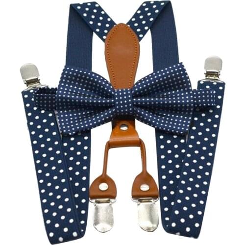 Clothes Accessories Navy Red Alloy Button 4 Clip Suspender Polka Dot Bow Tie Adult Elastic Party Braces For Trousers Wedding