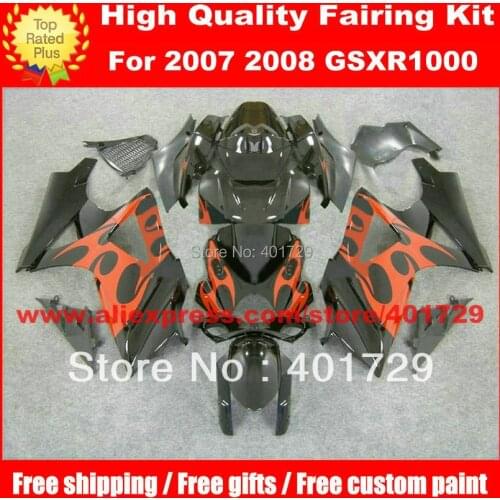 Custom race fairing kit for Suzuki GSXR1000 2007 2008 GSX-R1000 K7 orange flame in glossy black