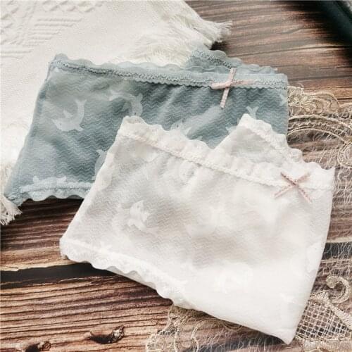 Transparent Round Mesh Girls Underwear Lingerie Sexy Middle Waist Coast Lace Seamless Chiffons Panties Breathable Cotton Briefs