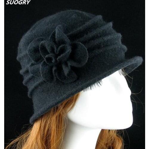 Women Dome Fedora 100% Wool Hat Mom Hats For Autumn And Winter Solid floral Warm Floppy Hat Vintage Retro Bowler Fedoras Caps